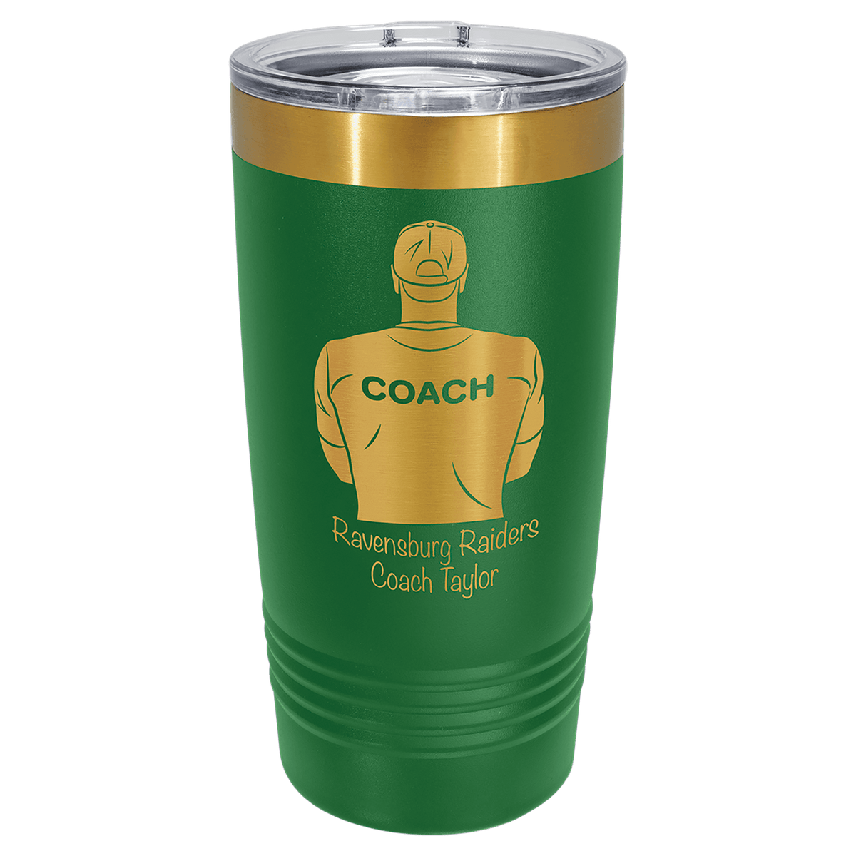 Personalized 20 oz bright gold tumbler in green