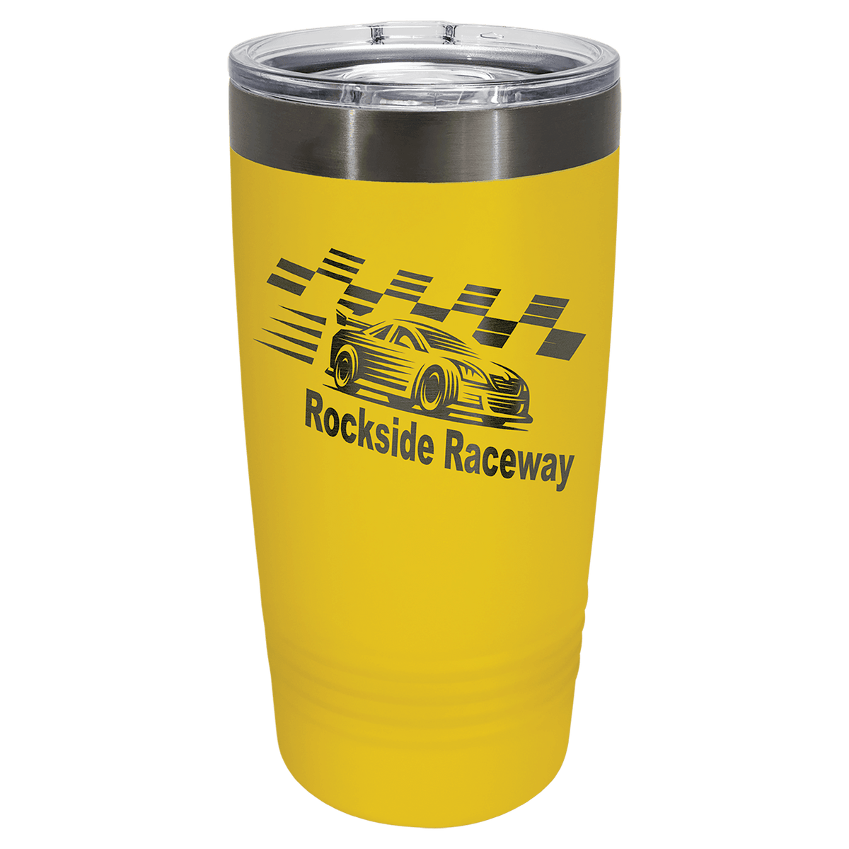 Personalized 20 oz. ringneck tumbler in yellow with ghost black engraving