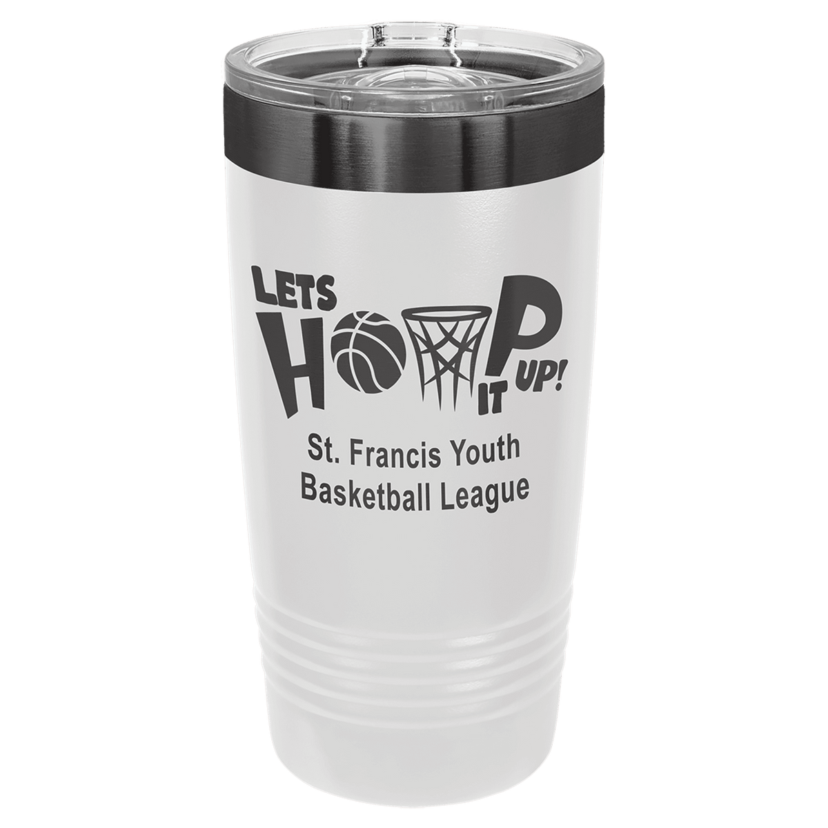 Personalized 20 oz. ringneck tumbler in white with ghost black engraving