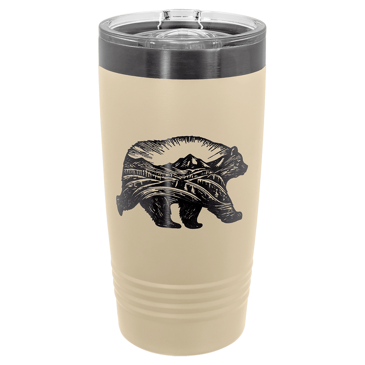 Personalized 20 oz. ringneck tumbler in warm sand with ghost black engraving
