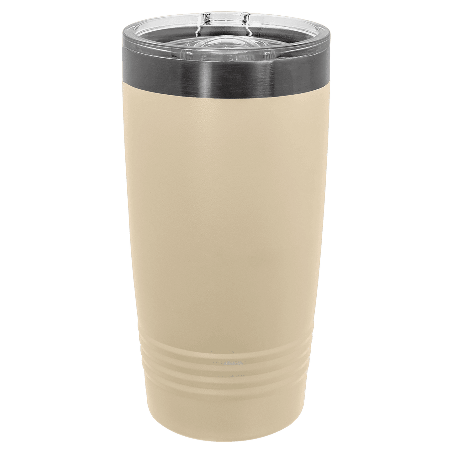 Beige tumbler with a black lid on a white background