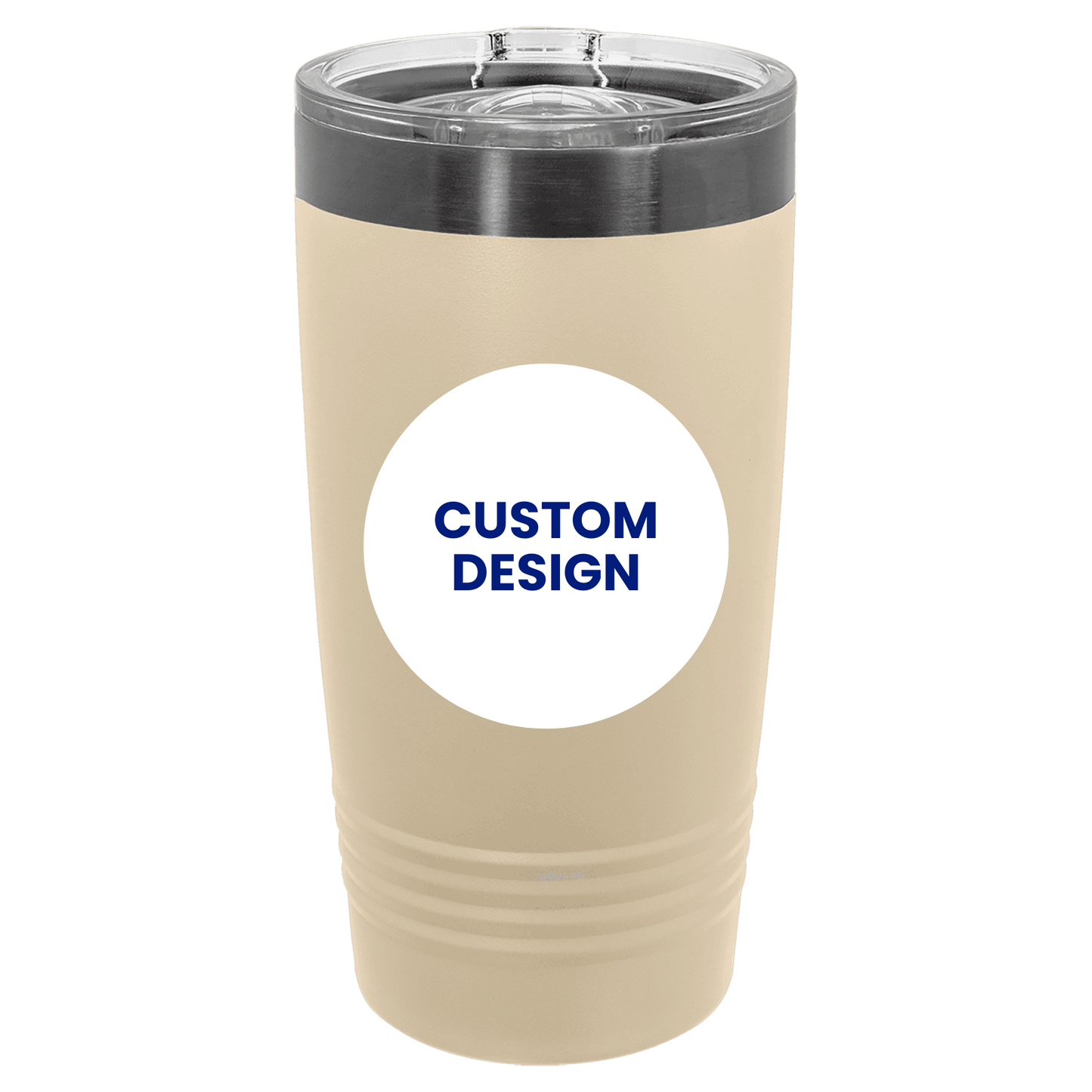 Beige tumbler with a white label and blue text on a white background