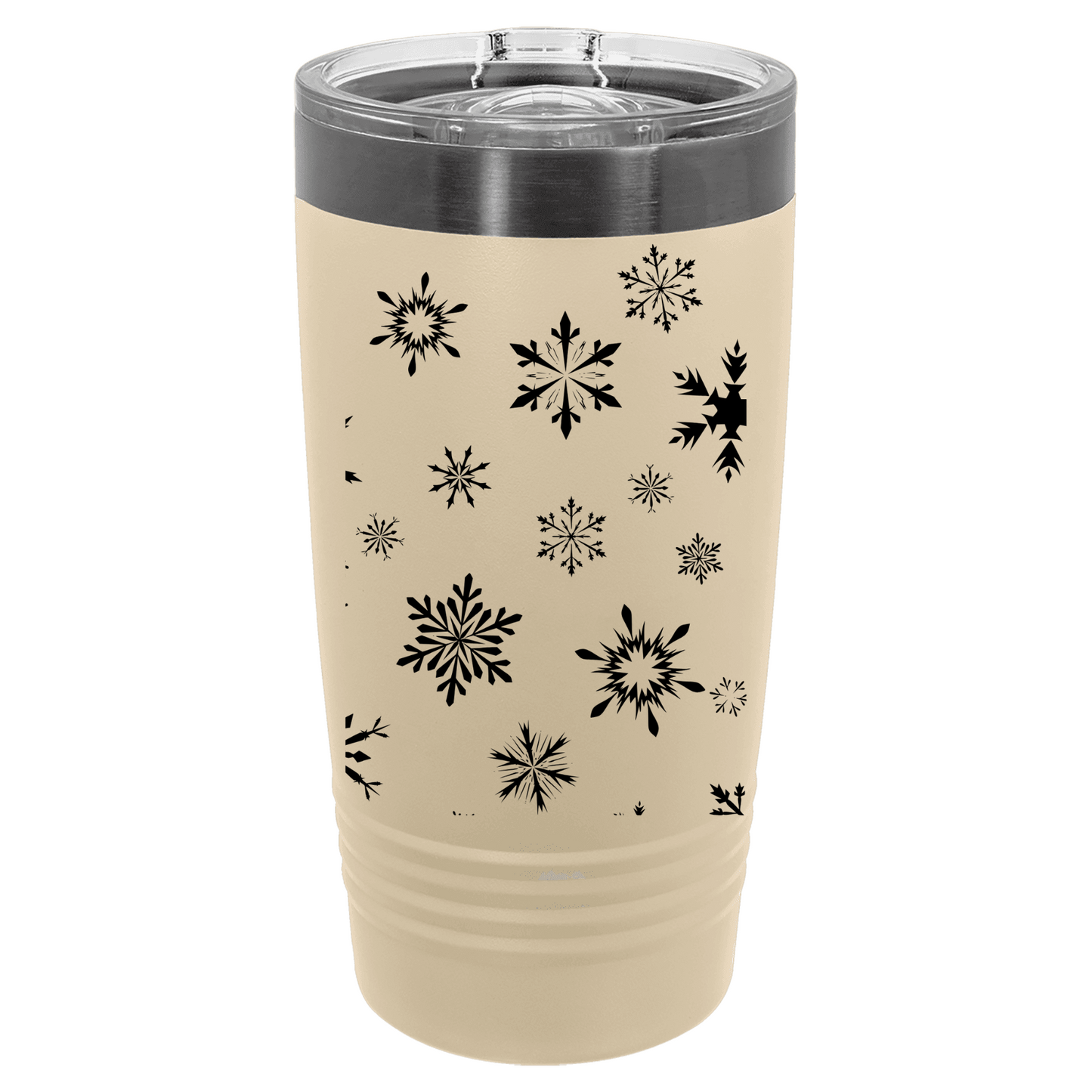 Beige tumbler with black snowflake patterns on a white background
