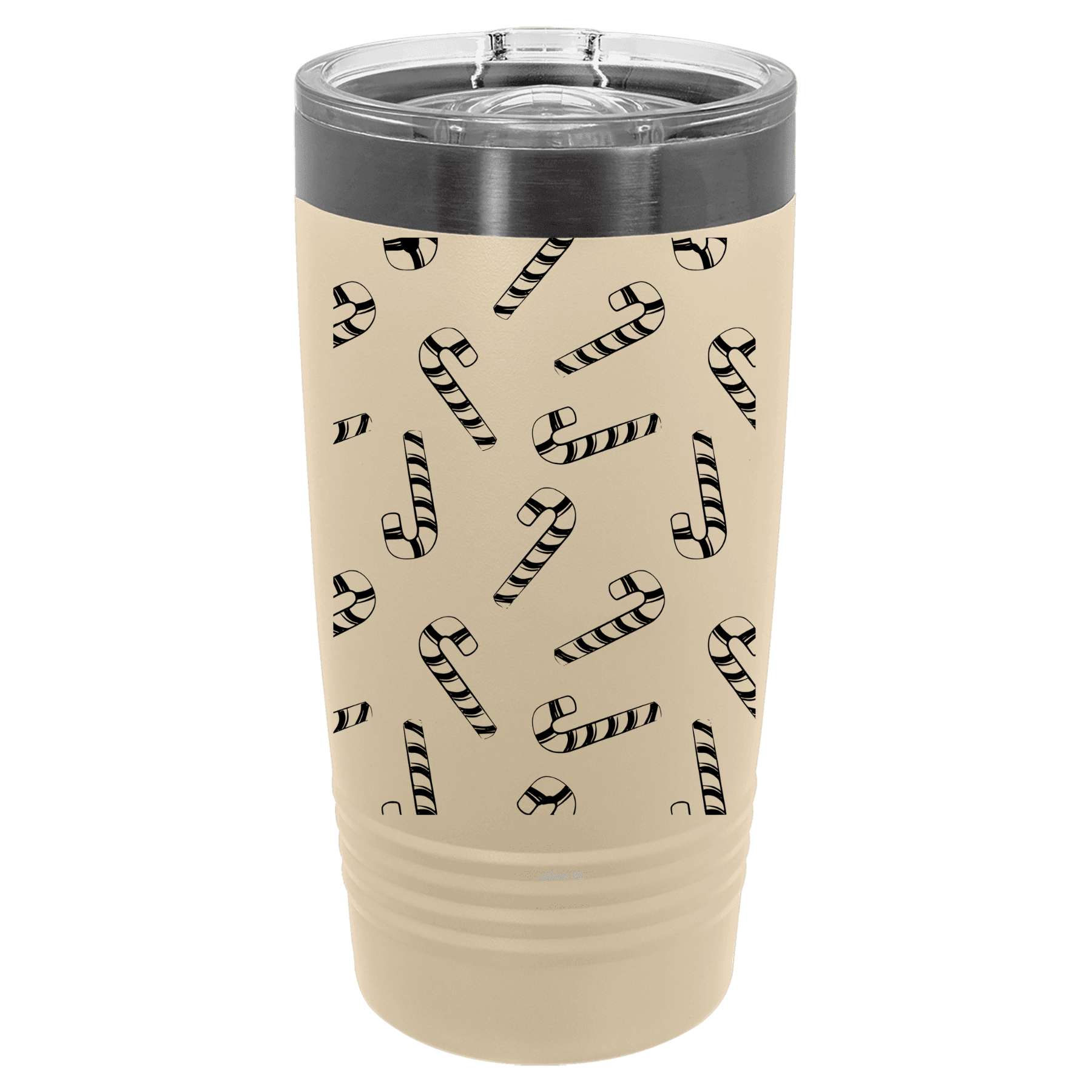 Beige tumbler with candy cane pattern on a white background