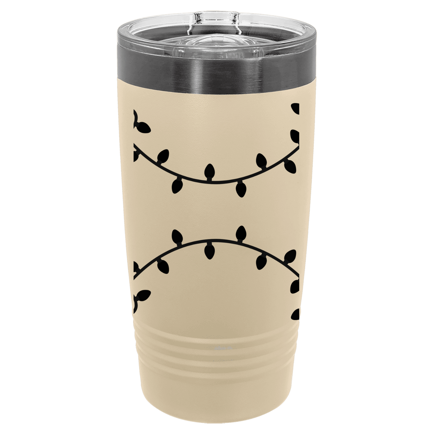 Beige tumbler with christmas light pattern on a white background