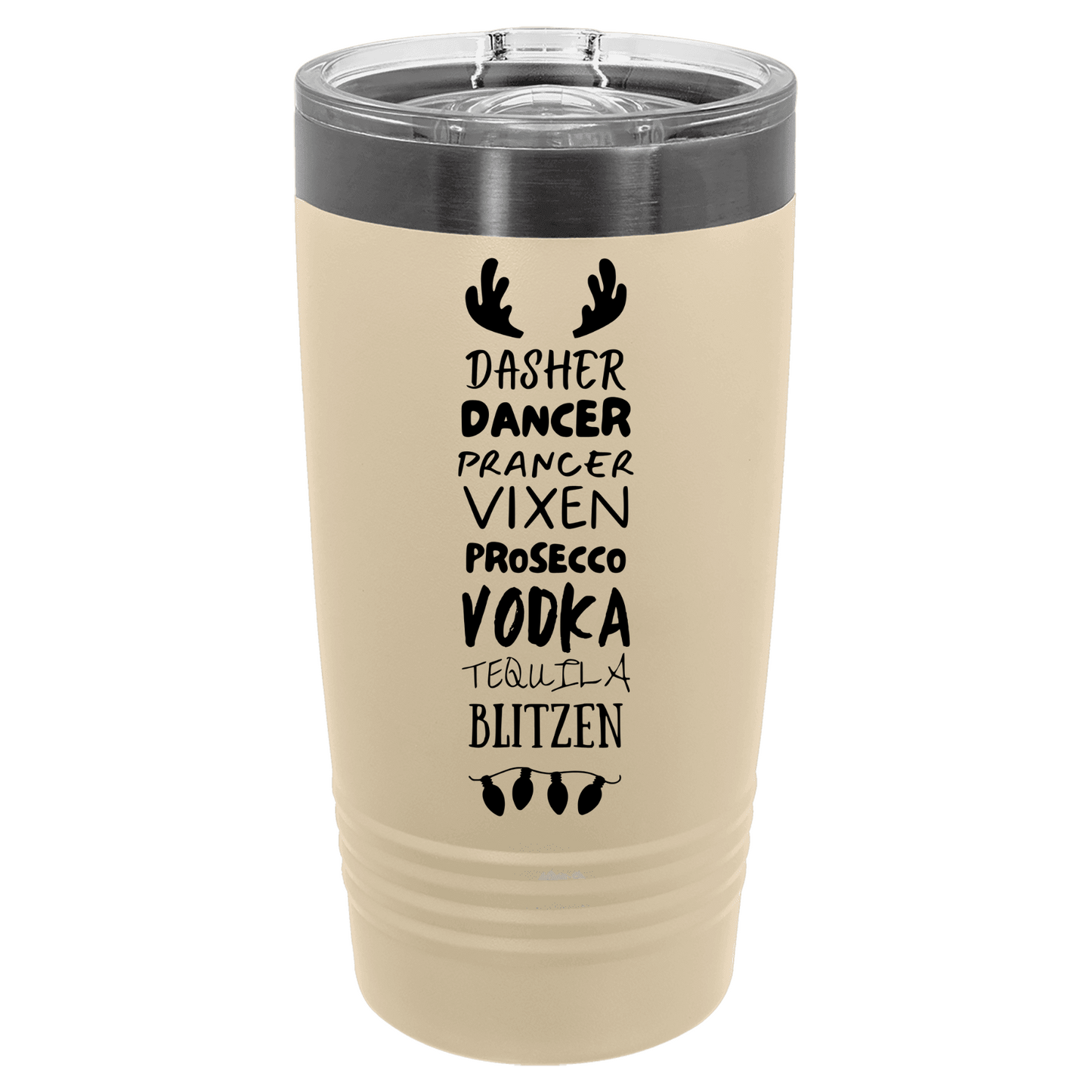 Beige tumbler with black dasher dancer text and antler designs on a white background