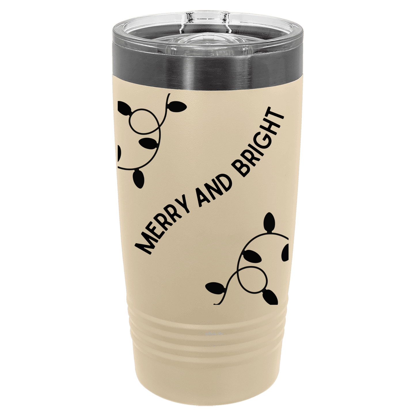 Beige tumbler with black text and light designs on a white background