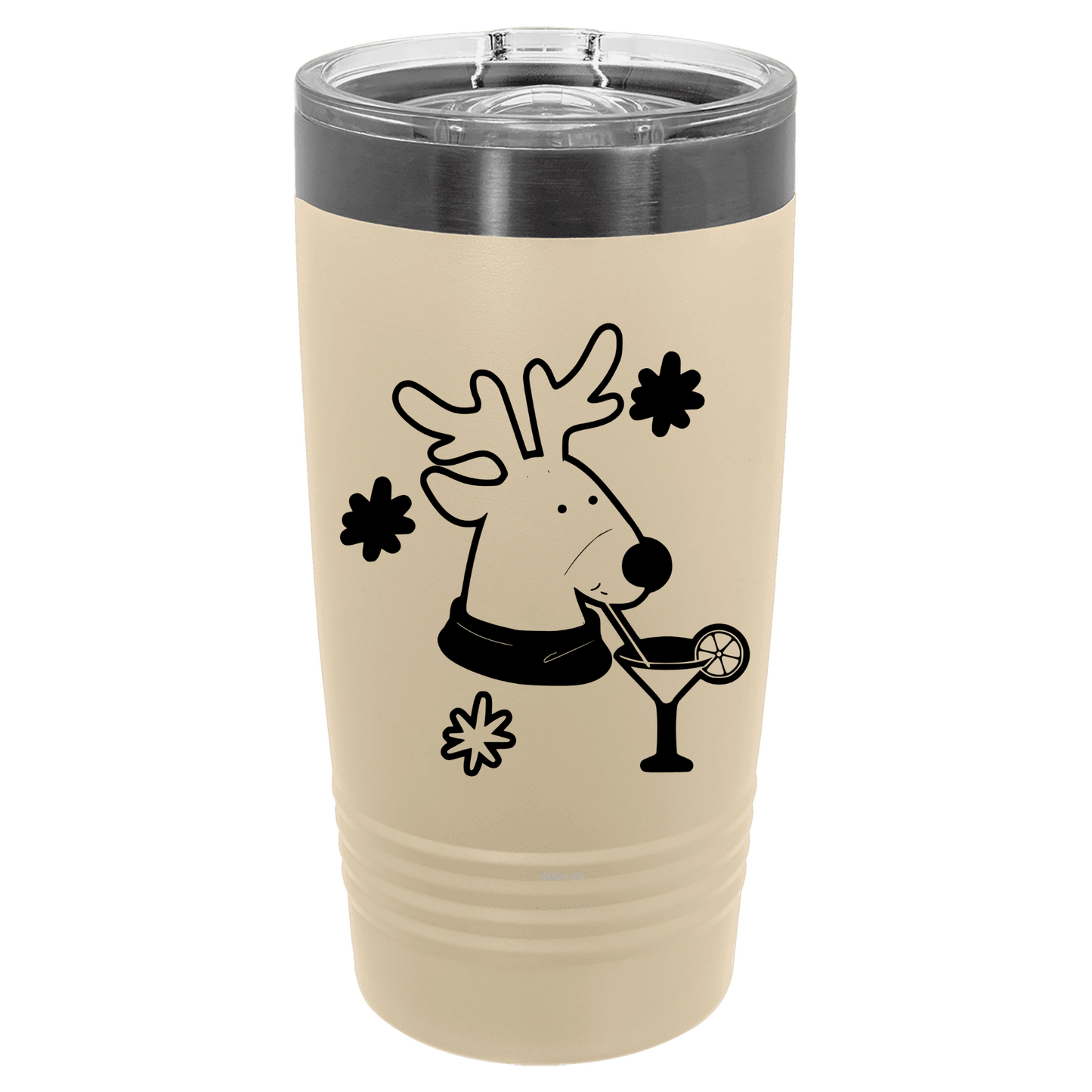 Beige tumbler with a reindeer design holding a martini on a white background