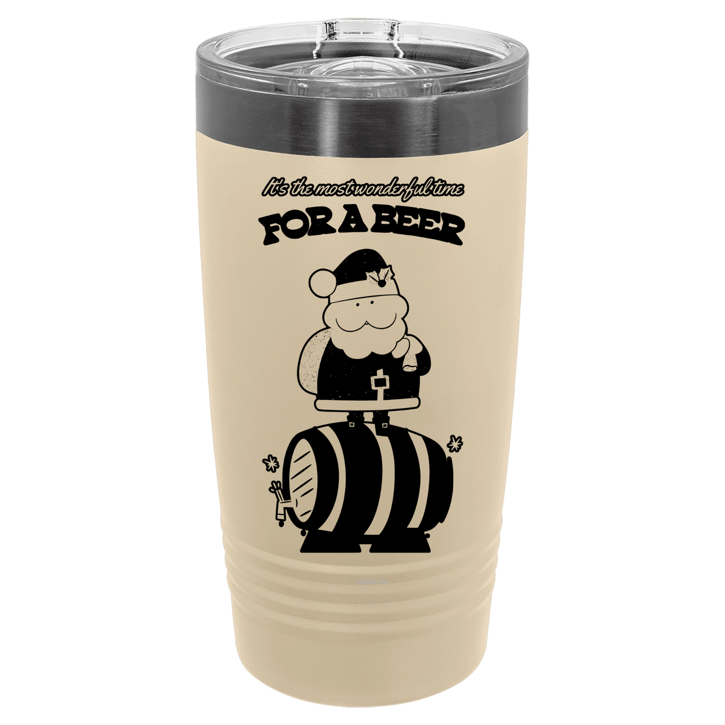 Tumbler with a design of Santa Claus on a barrel and text 'For a Beer' on a beige background