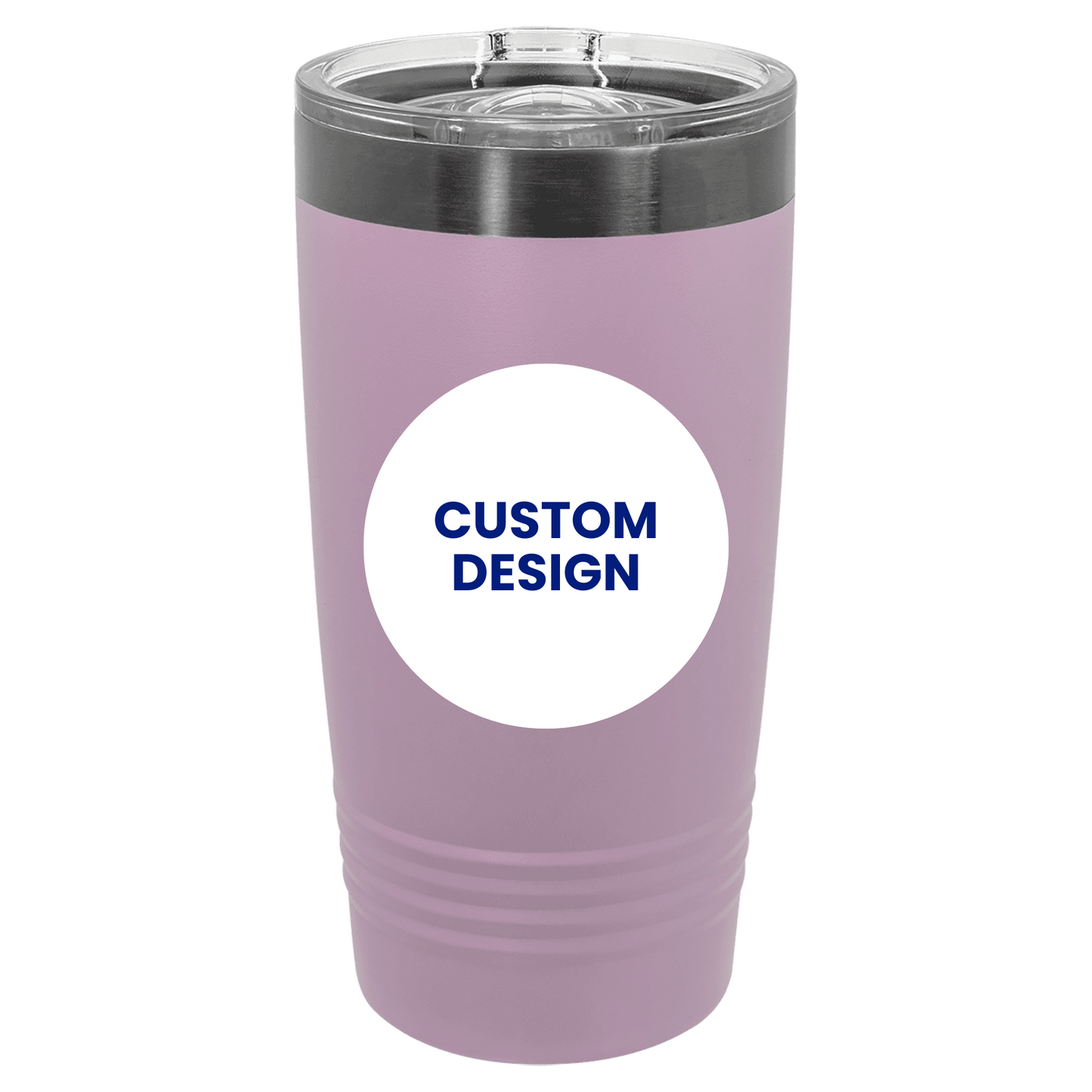 Purple tumbler with a white circle and 'CUSTOM DESIGN' text on a white background