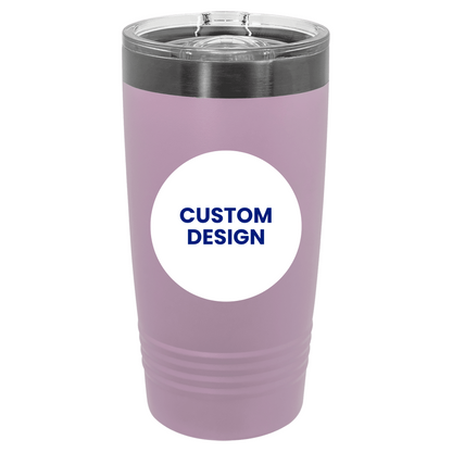 Purple tumbler with a white circle and 'CUSTOM DESIGN' text on a white background