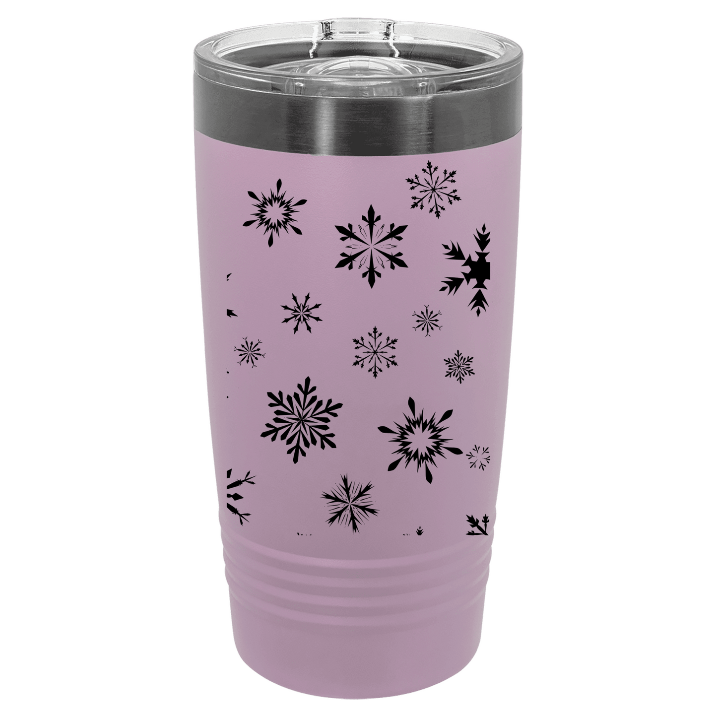 Purple tumbler with black snowflake patterns on a white background