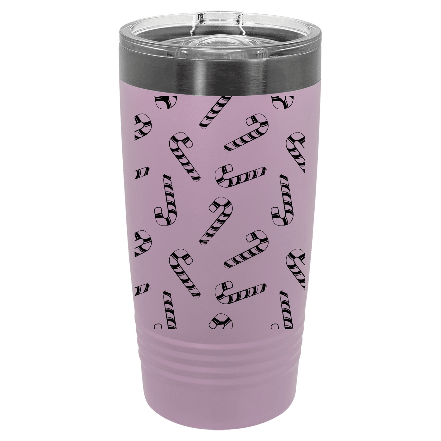 Pink tumbler with candy cane pattern on a white background