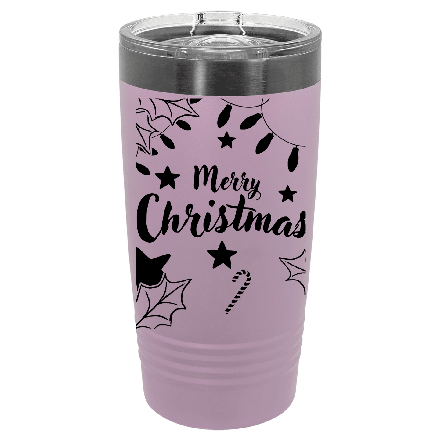 Purple tumbler with 'Merry Christmas' text and festive designs on a white background
