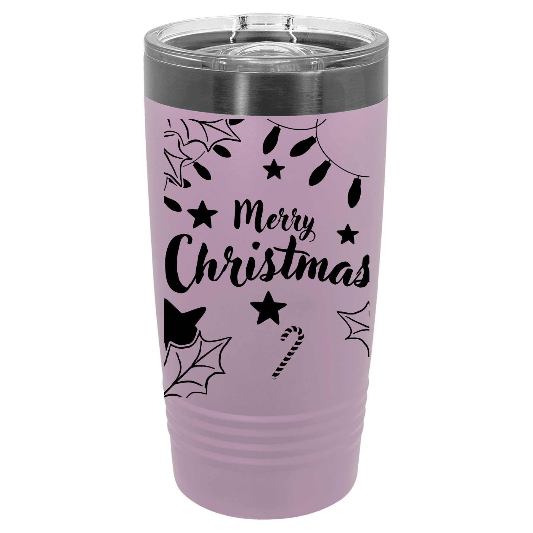 Purple tumbler with 'Merry Christmas' text and festive designs on a white background