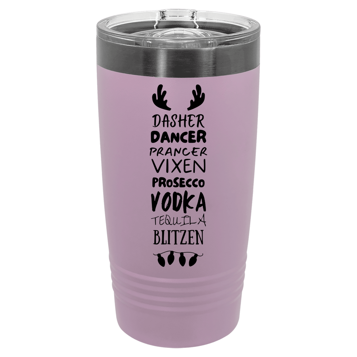 Purple tumbler with black dasher dancer text and black rim on a white background