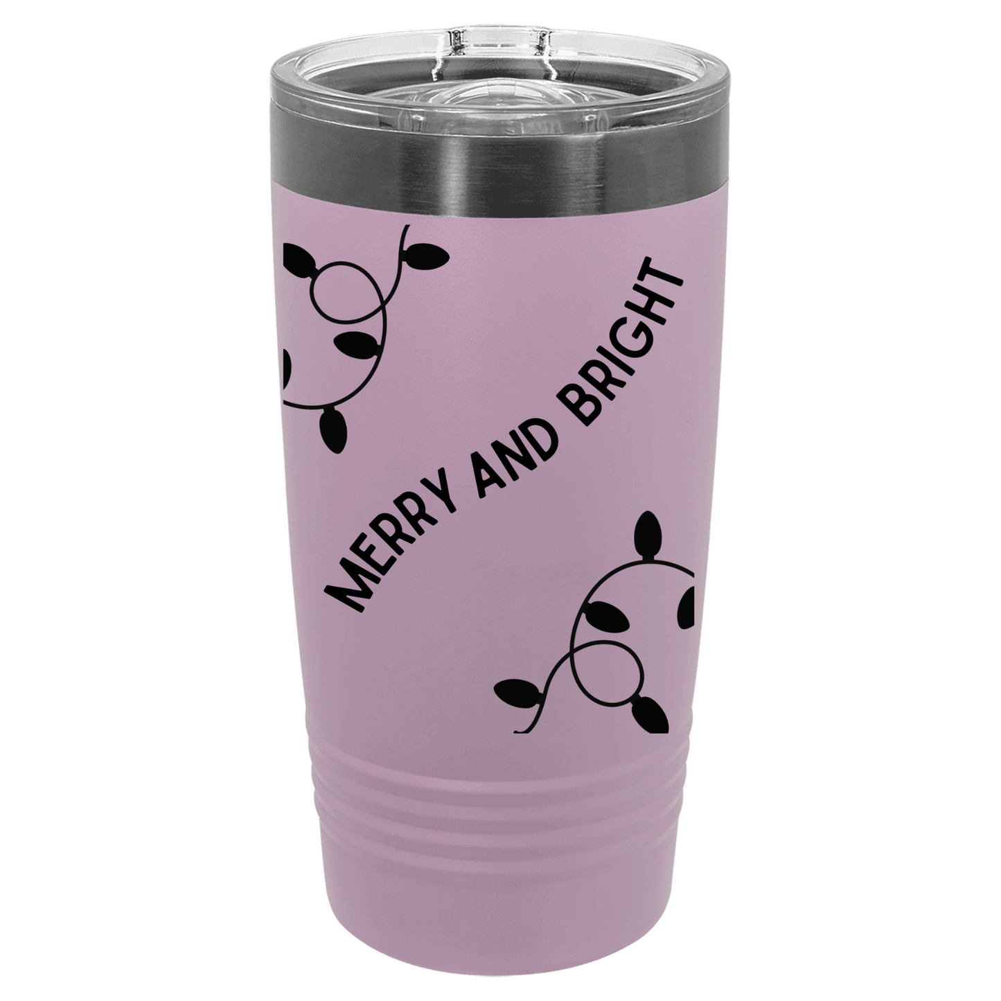 Pink tumbler with 'Merry and Bright' text and light designs on a white background