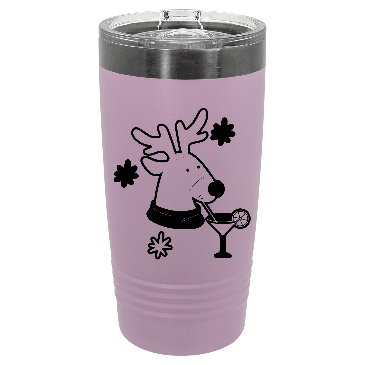 Pink tumbler with a reindeer design holding a martini on a white background