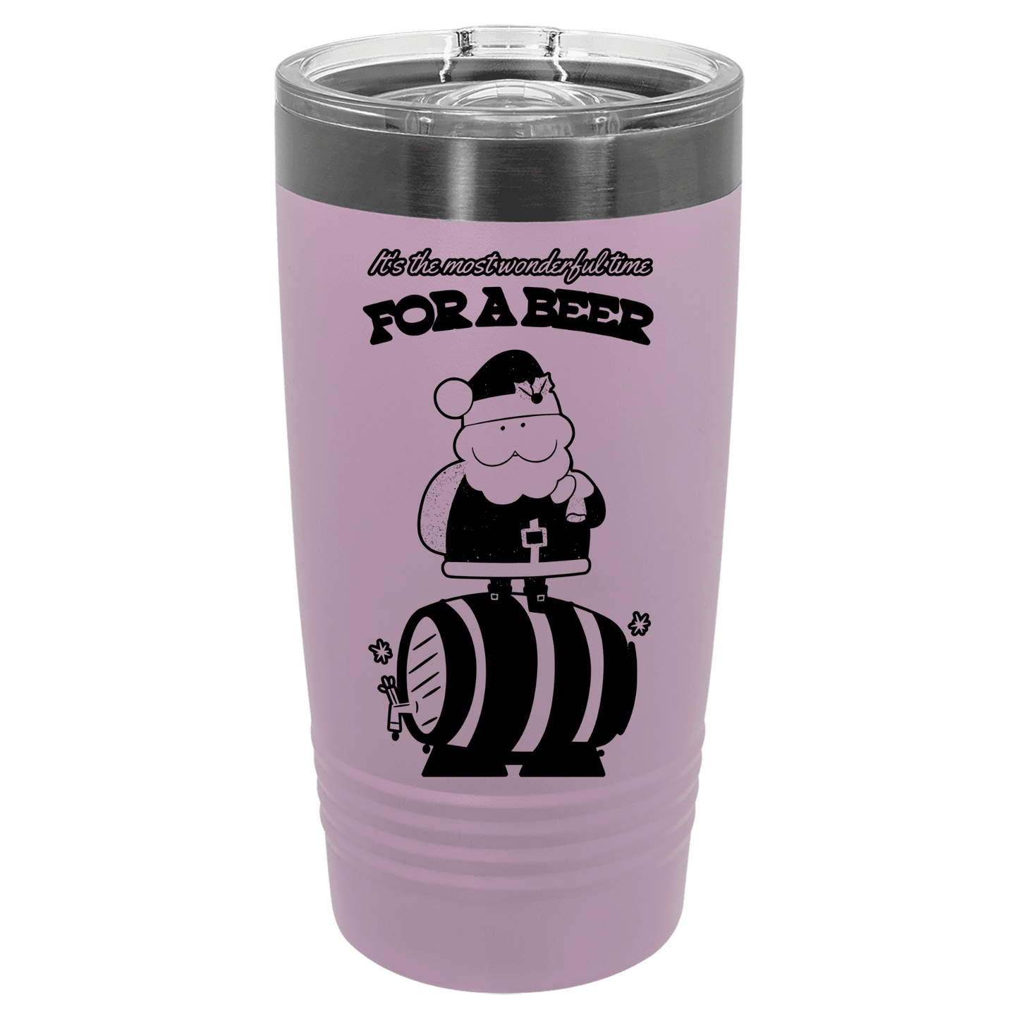Pink tumbler with a graphic of Santa Claus on a barrel and text 'For a Beer' on a white background