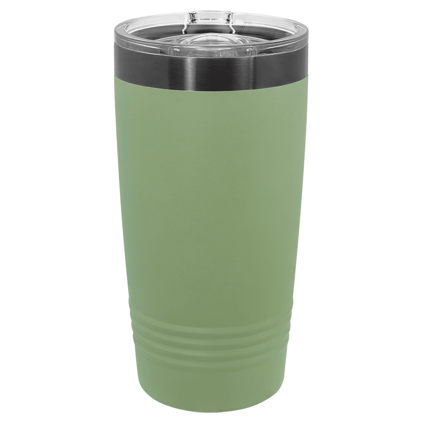 Green tumbler with a black rim on a white background
