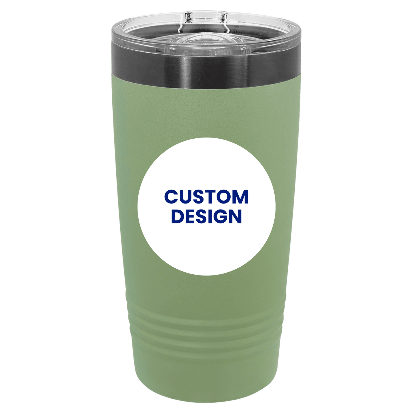 Green tumbler with a white circle and 'CUSTOM DESIGN' text on a white background