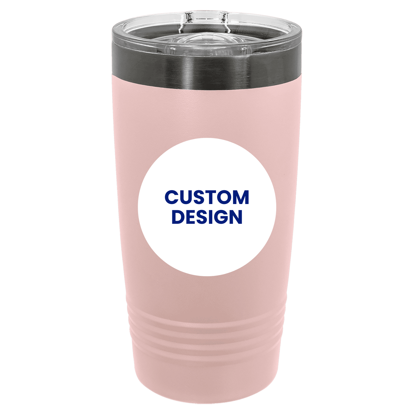 Pink tumbler with a white label and blue text on a white background