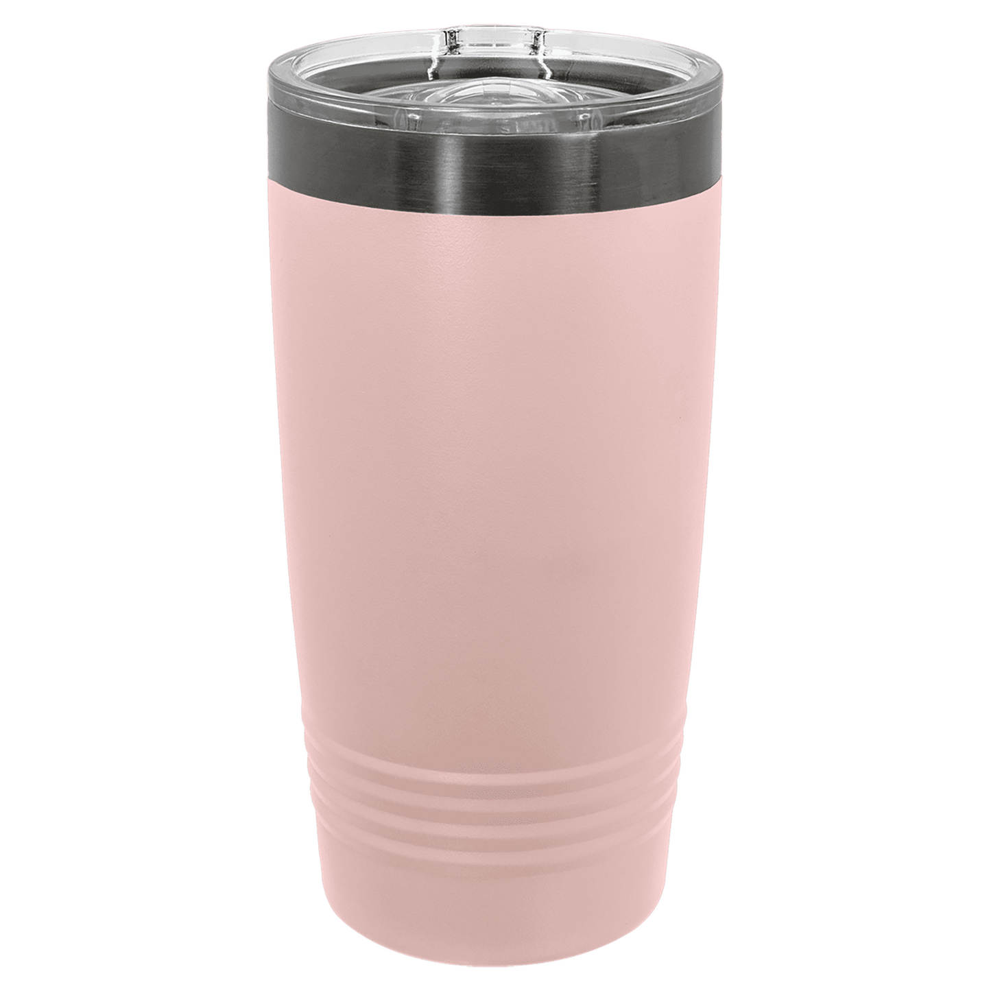 Pink tumbler with a black rim on a white background