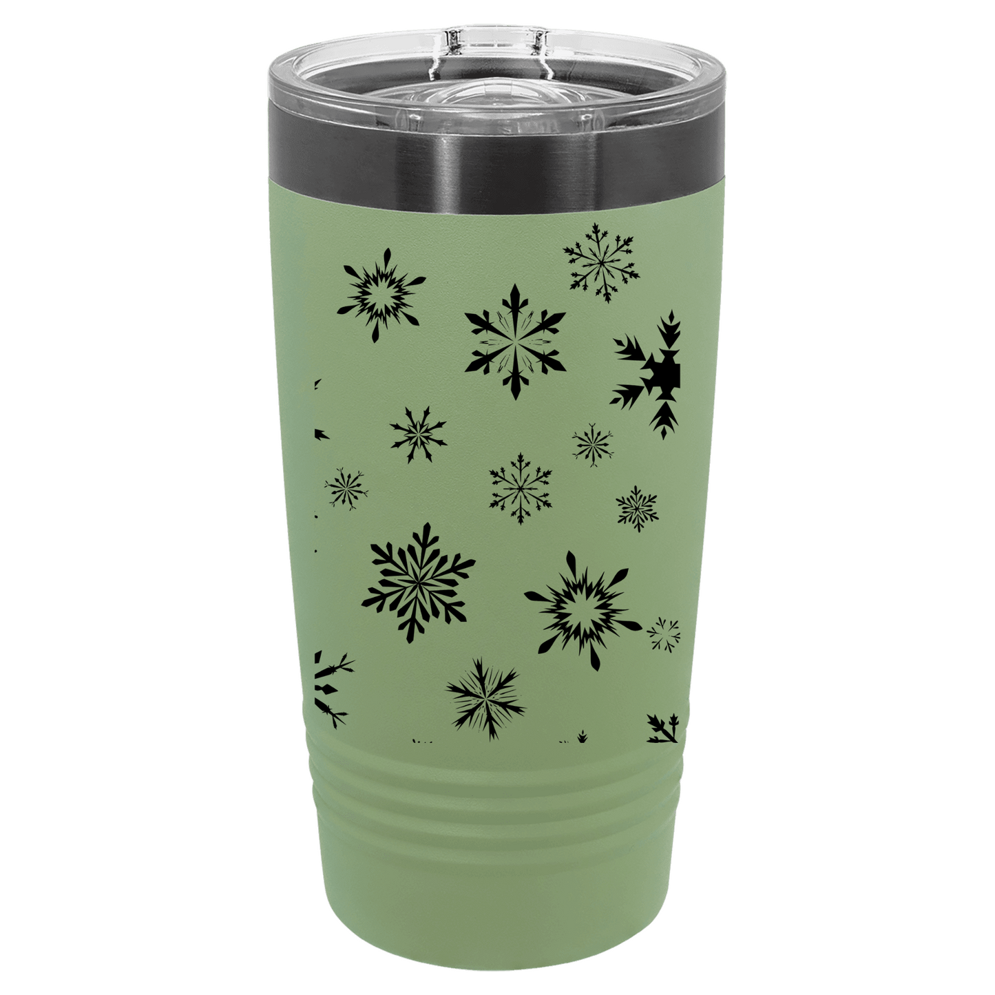 Green tumbler with black snowflake patterns on a white background