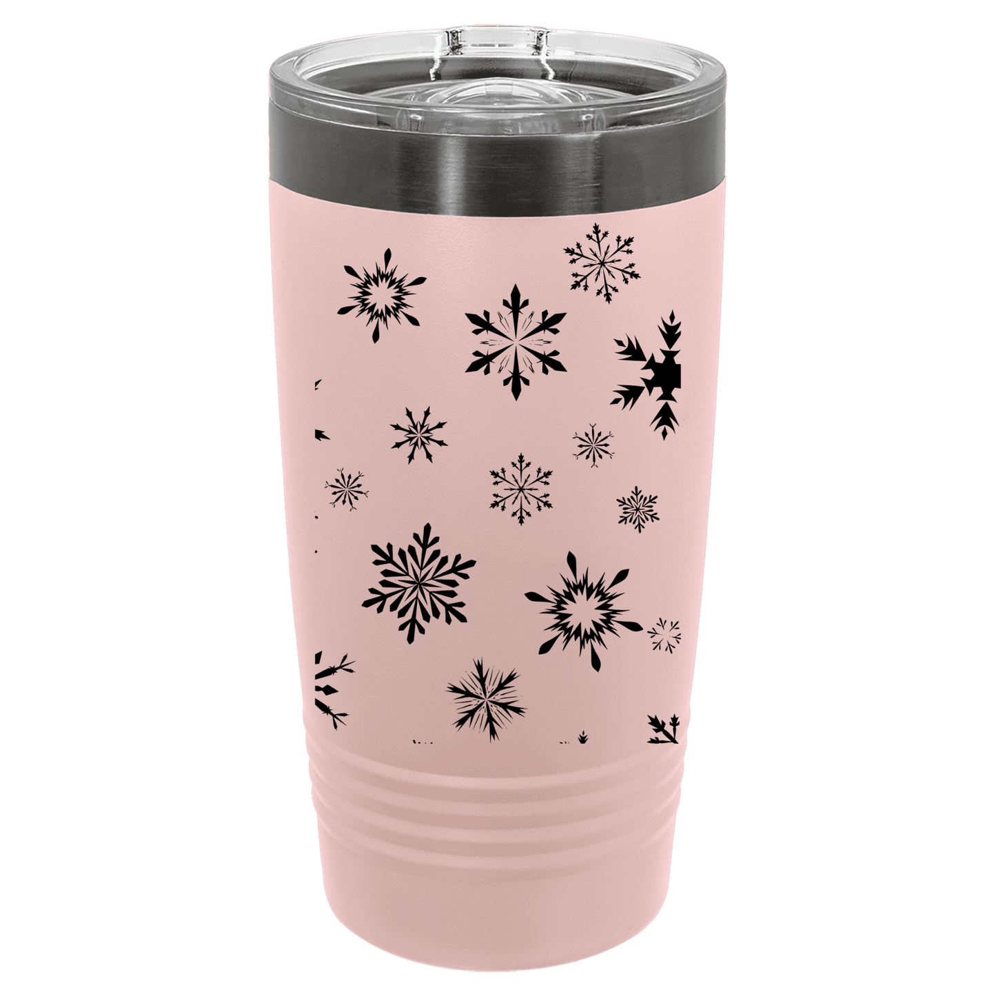 Pink tumbler with black snowflake patterns on a white background