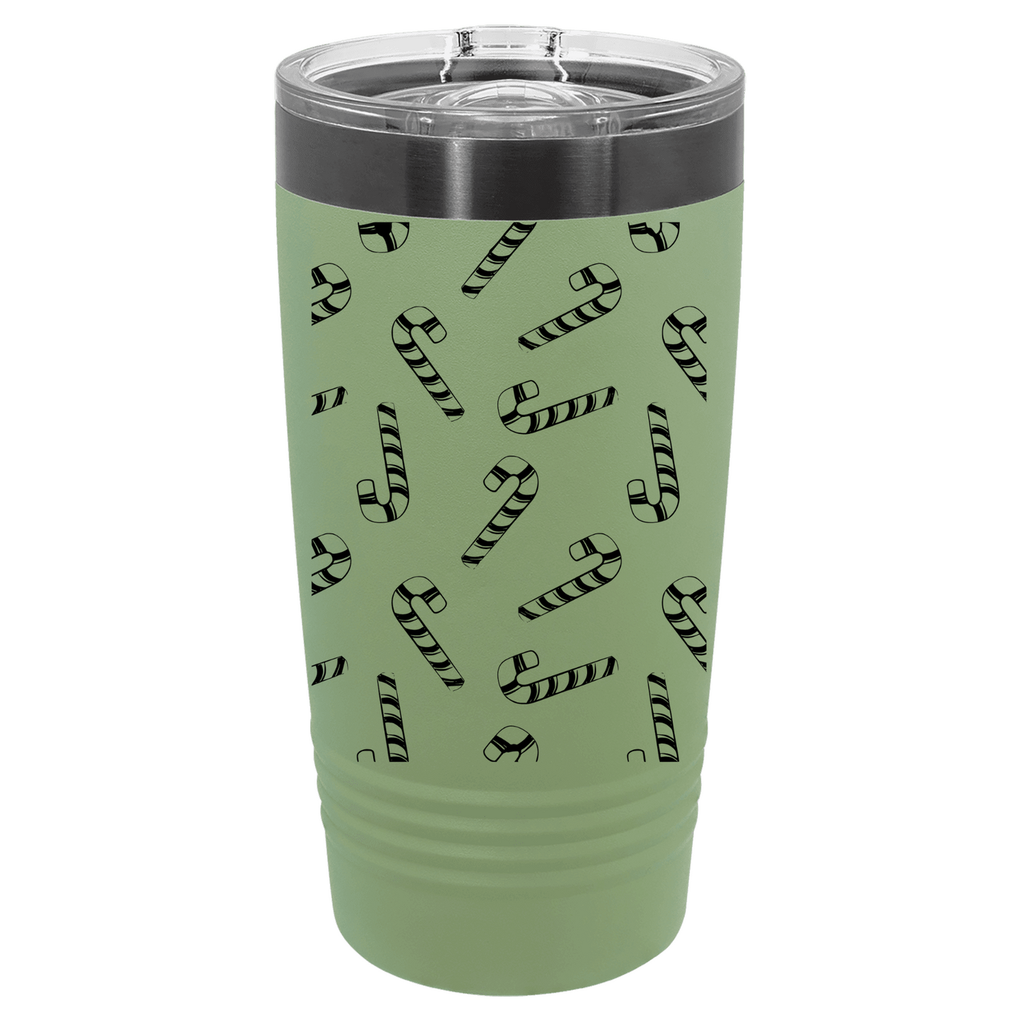 Green tumbler with candy cane pattern on a white background