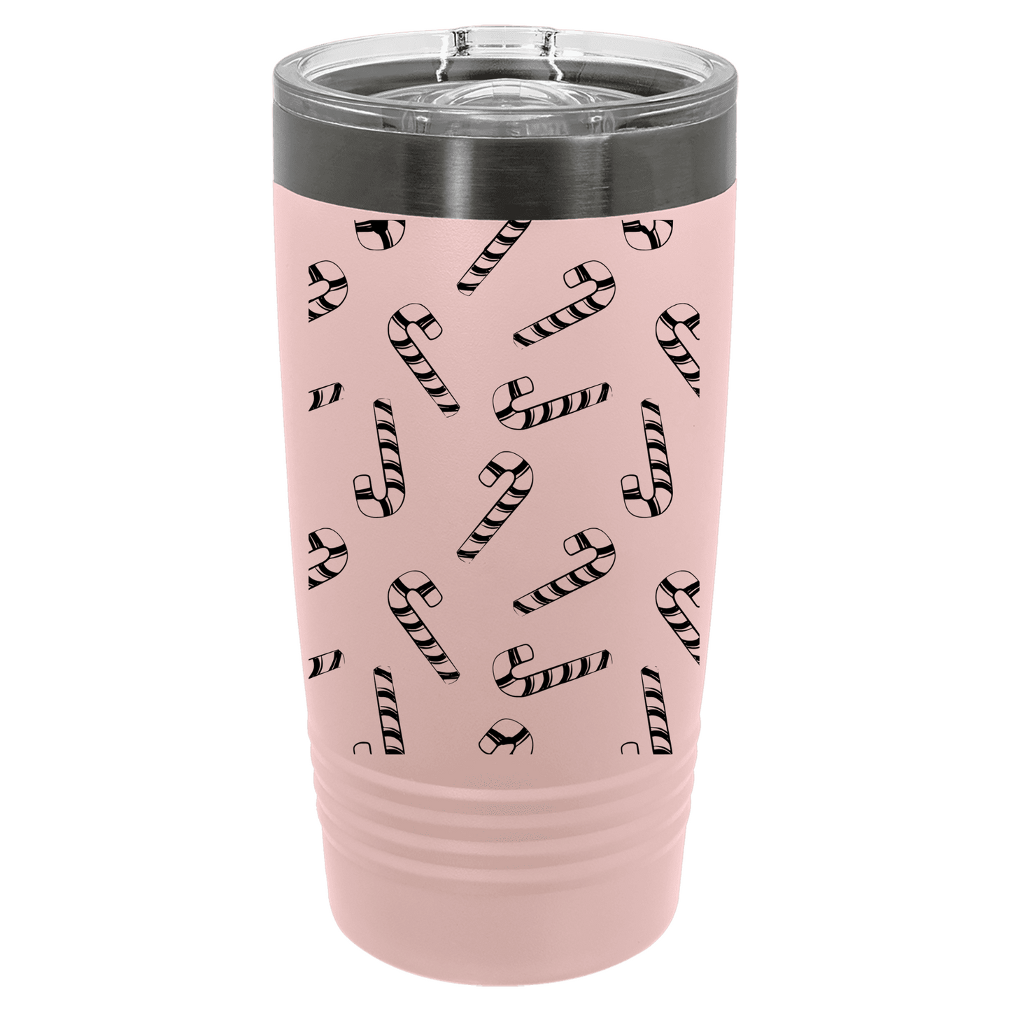 Pink tumbler with candy cane pattern on a white background