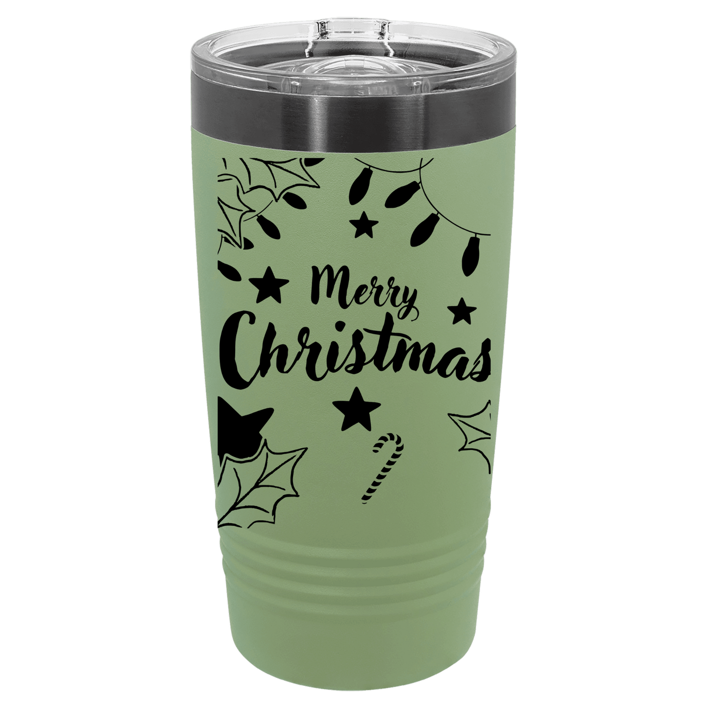 Green tumbler with 'Merry Christmas' text and festive designs on a white background