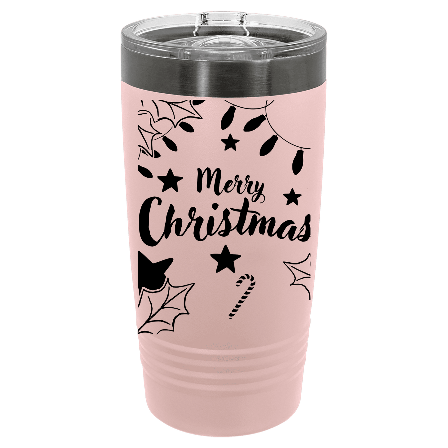 Pink tumbler with 'Merry Christmas' text and festive designs on a white background
