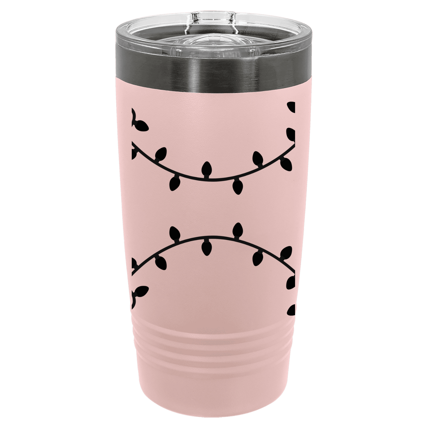 Pink tumbler with black christmas lights pattern on a white background