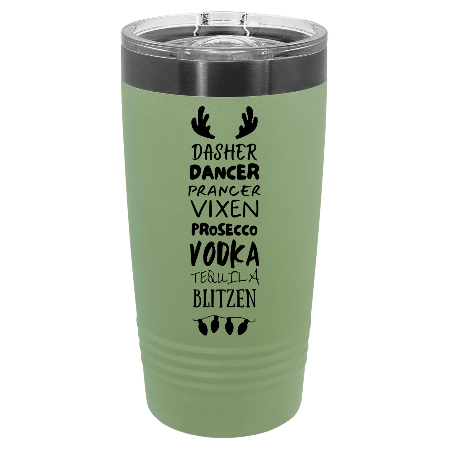 Green tumbler with black dasher dancer text on a white background