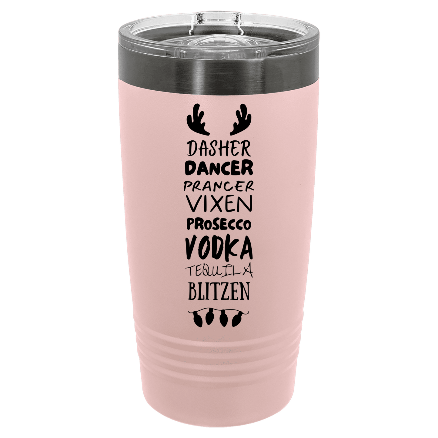 Pink tumbler with black text and designs on a white background