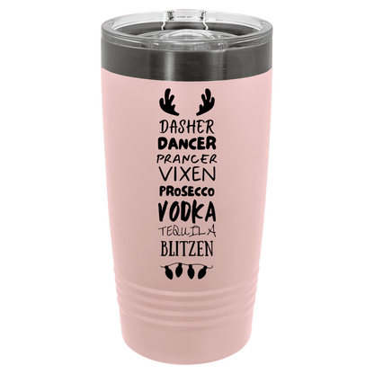 Pink tumbler with black text and designs on a white background