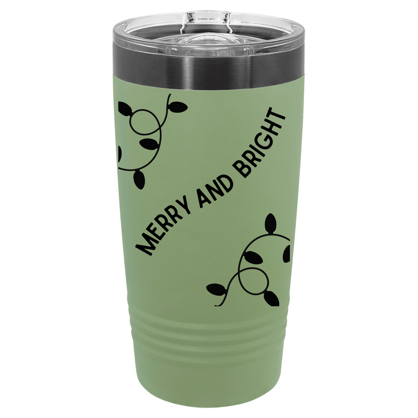 Green tumbler with 'Merry and Bright' text and leaf designs on a white background