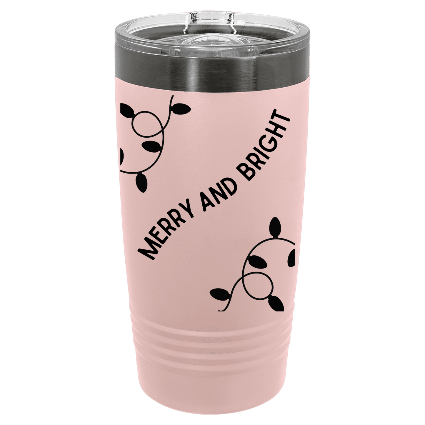 Pink tumbler with 'Merry and Bright' text and leaf designs on a white background