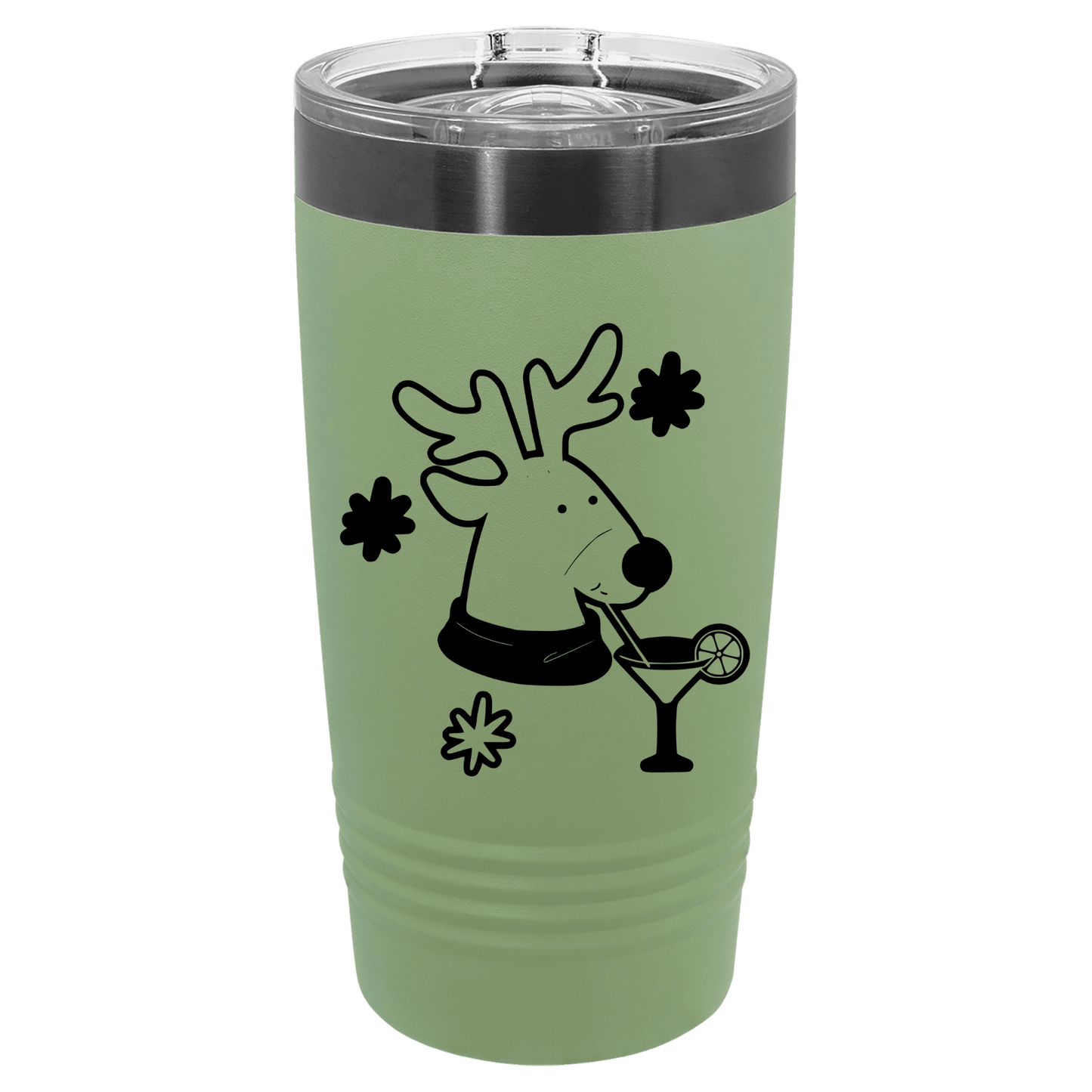 Green tumbler with a reindeer design holding a martini on a white background