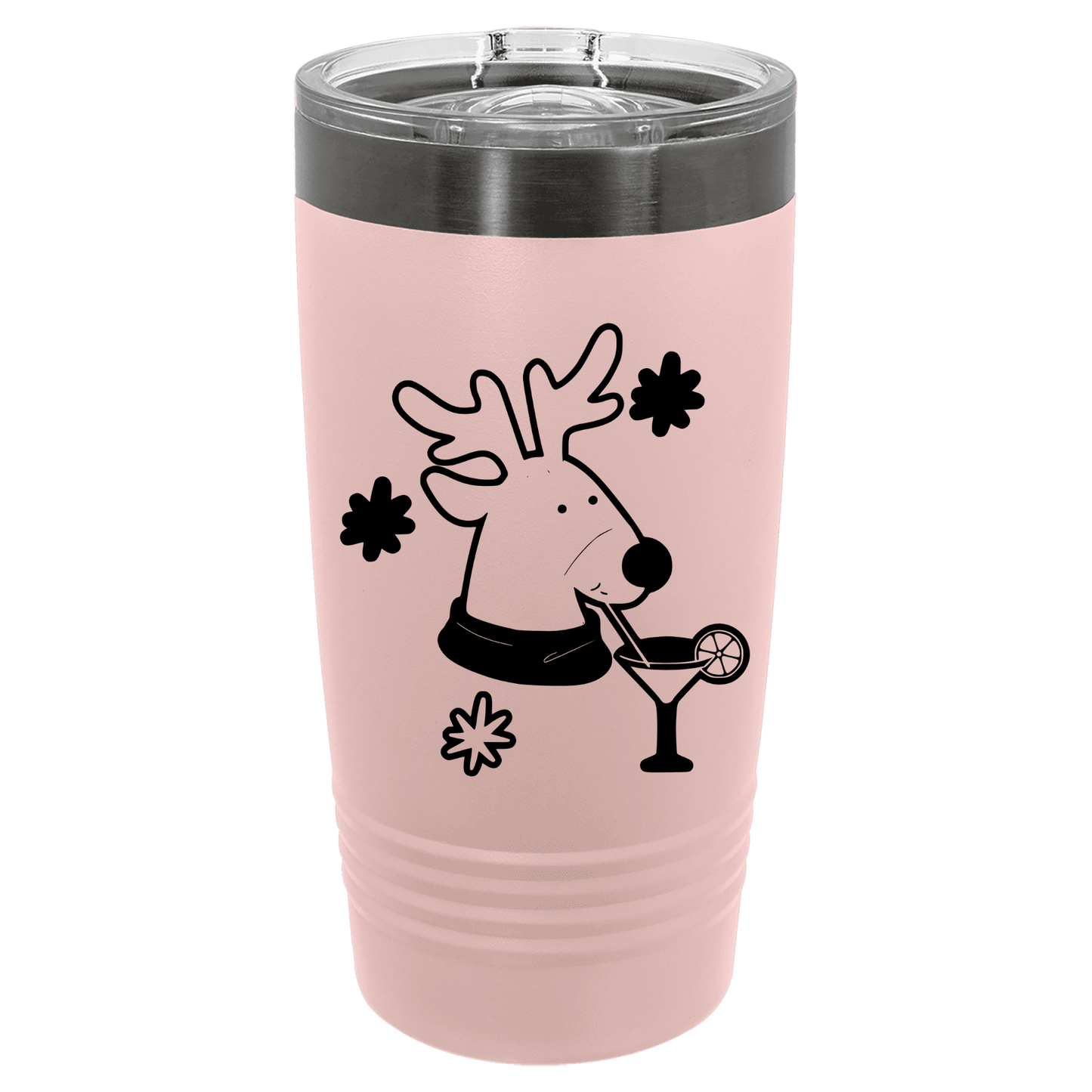 Pink tumbler with a reindeer design holding a cocktail on a white background