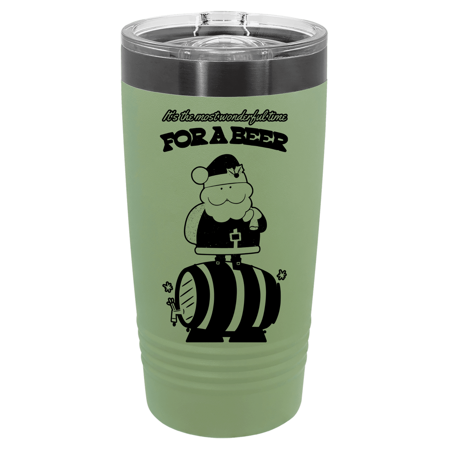 Green tumbler with black text and santa keg design on a white background