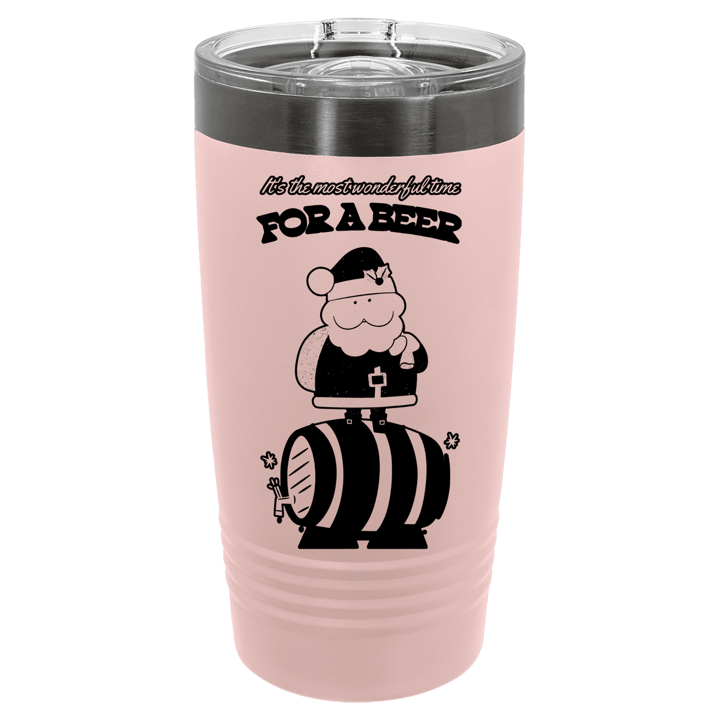 Pink tumbler with a black and white design of Santa Claus on a barrel and text 'For a Beer' on a white background.