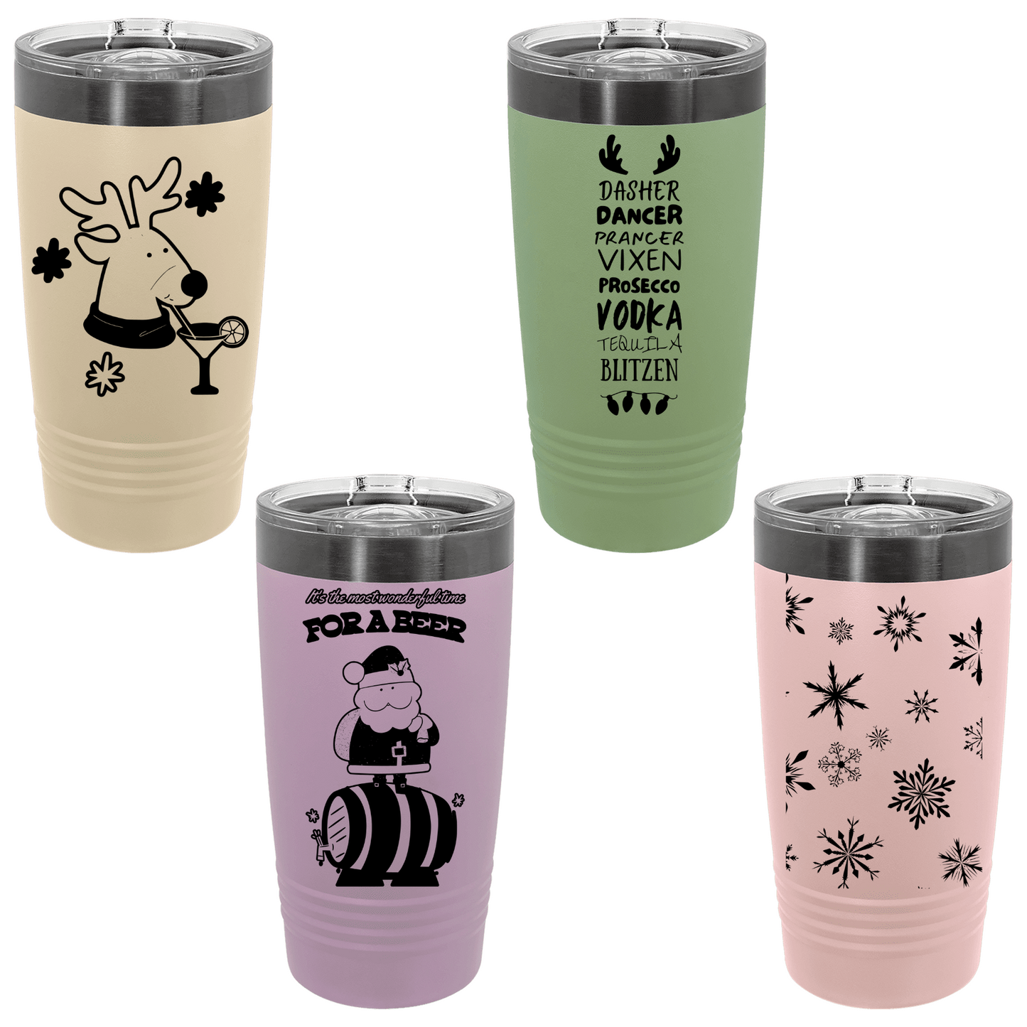 Four tumblers with different christmas designs and colors on a white background