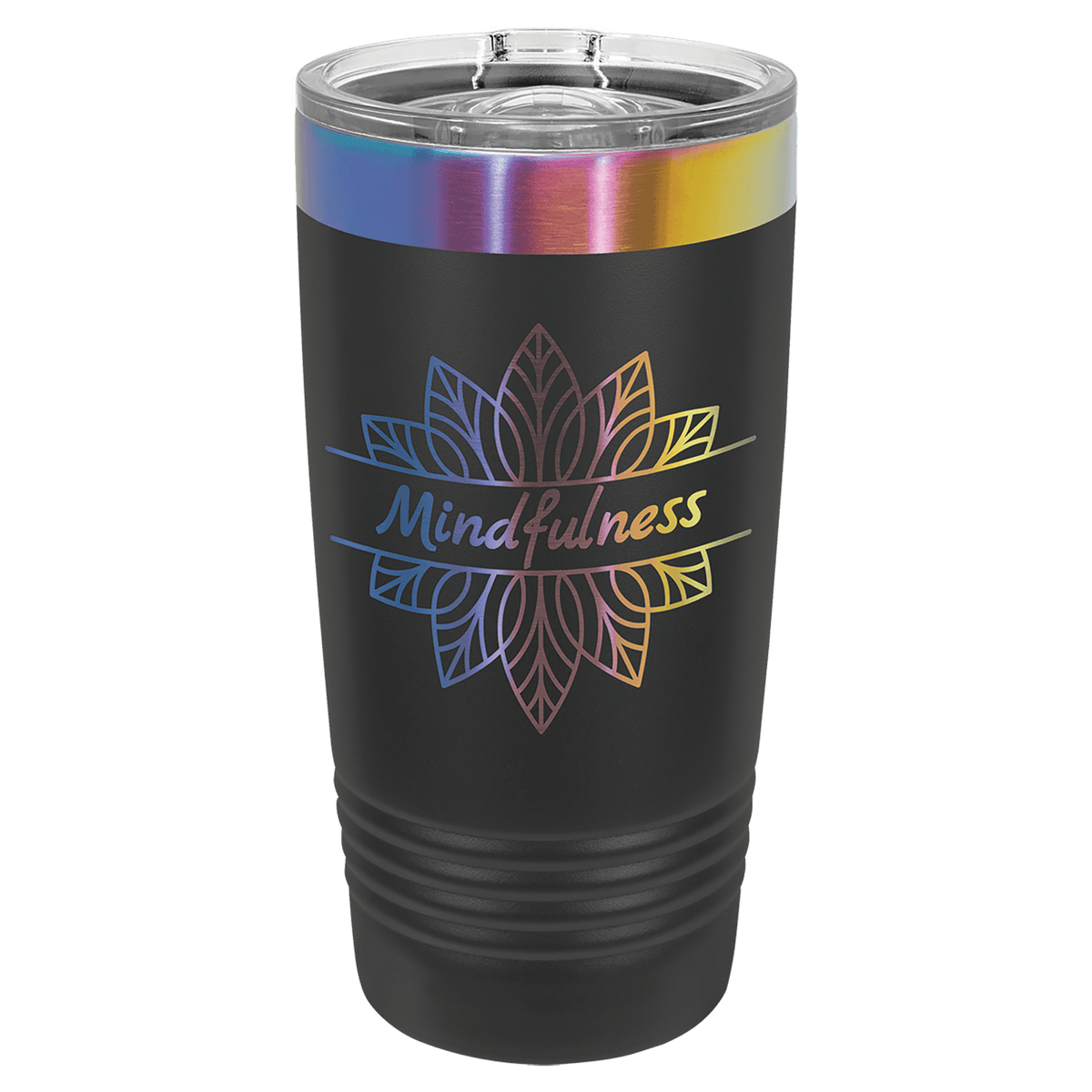 Personalized 20 oz. ringneck tumbler in black with prism iridescent engraving