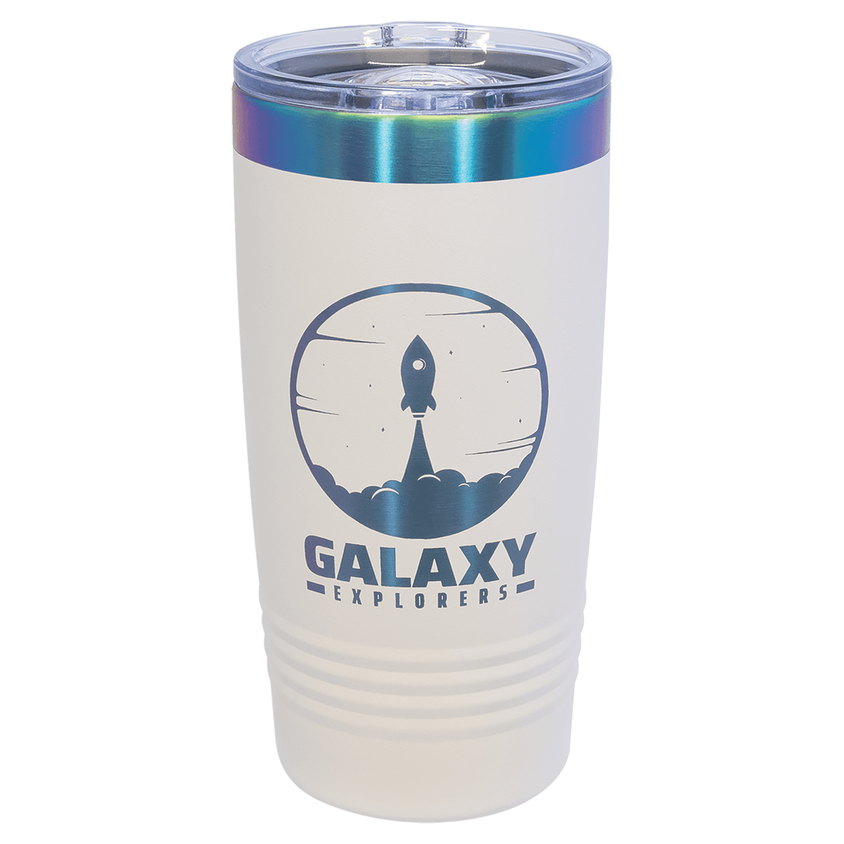 Personalized 20 oz. ringneck tumbler in white with prism iridescent engraving