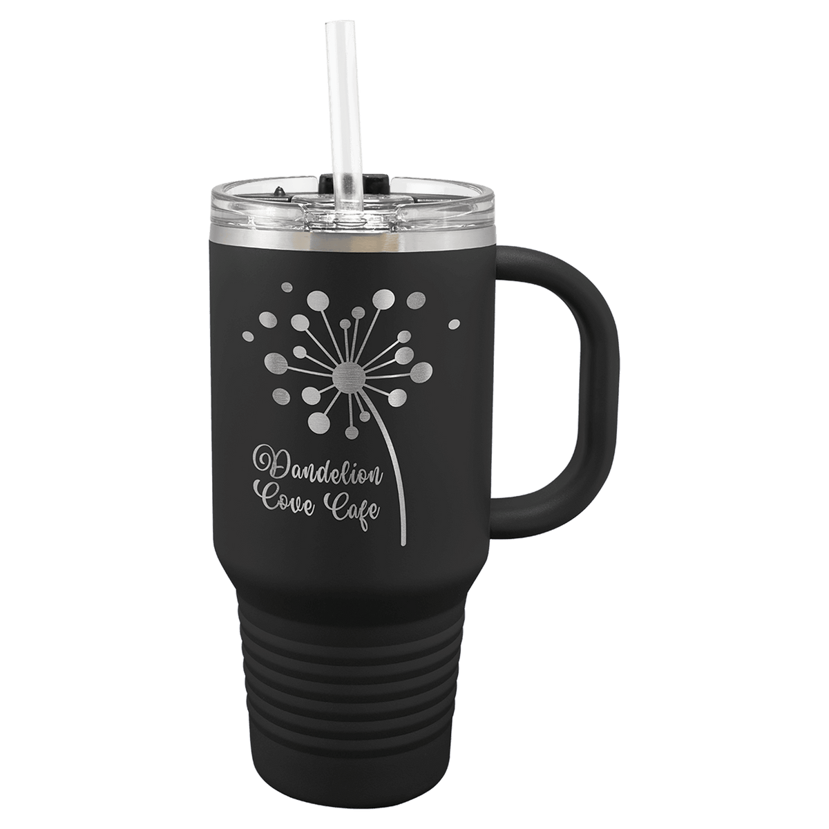 Personalized 32 oz insulated travel mug with handle and straw in black