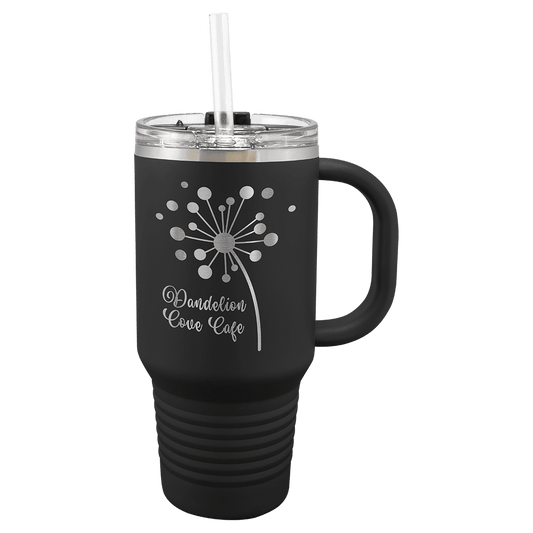 Personalized 32 oz insulated travel mug with handle and straw in black