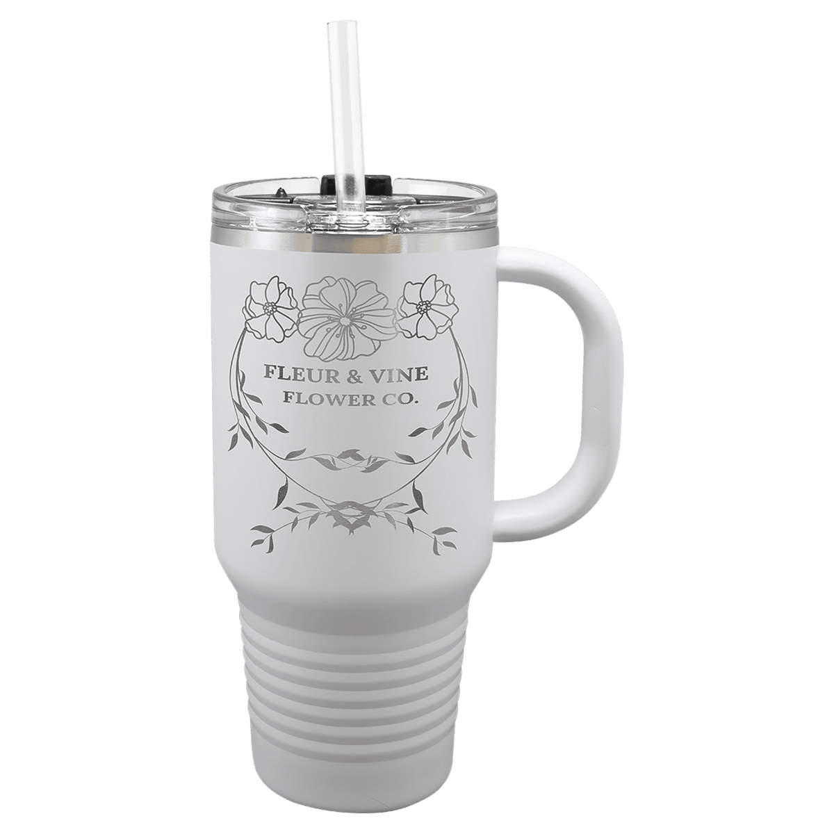 Personalized 32 oz insulated travel mug with handle and straw in white