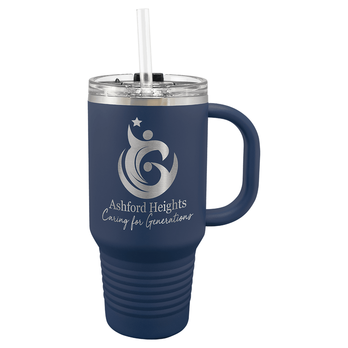 Personalized 32 oz insulated travel mug with handle and straw in navy blue